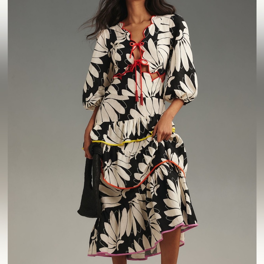 NWT Anthro x Farm Rio Black and White Cutout Tiered Scalloped Maxi Dress XS